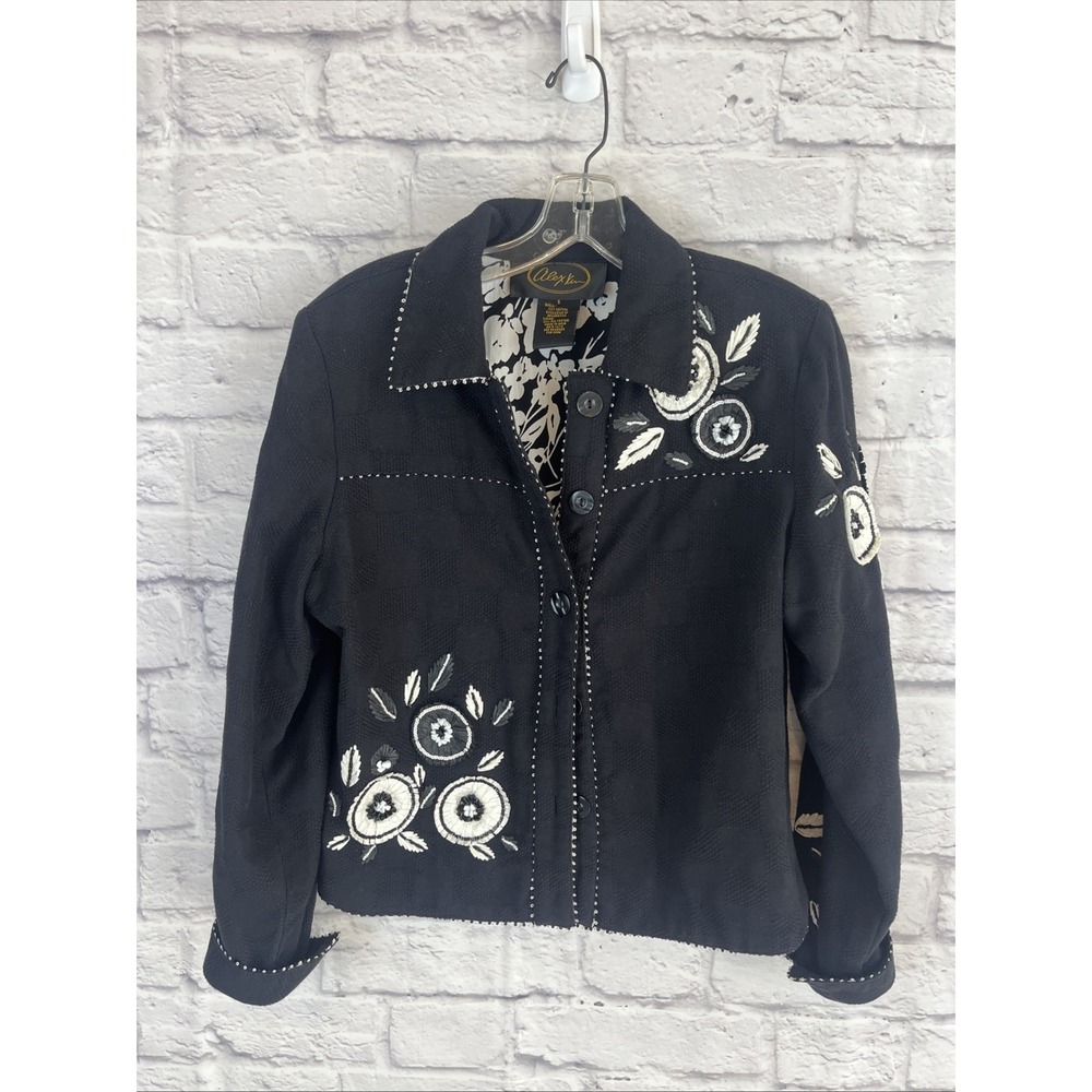 Alex Kim Indie Artsy Raffia Beaded Embellished Black & White Jacket Size Small